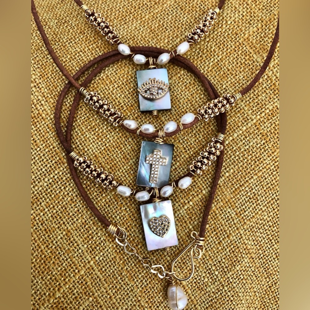 Hand made neckless. Pearls and Leather  together perfect for mothers day